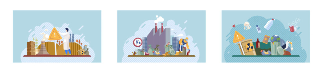 Waste pollution. Vector illustration. Landfills are common method waste disposal, but they can lead to soil and water contamination The waste pollution metaphor highlights destructive impact