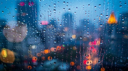 Raindrops on window with blurred city lights. Serene rainy evening in the city. Tranquil cityscape through a rain-spattered window.