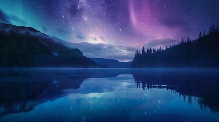 Magical purple aurora over calm mountain lake. Celestial lights mingle with starry night above serene waters. Tranquil landscape under cosmos' luminous spectacle.