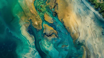 Foto op Plexiglas Serene water patterns from above. Abstract nature aerial photography. Golden flecks in blue waterways from an aerial perspective. © Irina.Pl