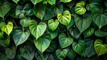 Vibrant green heart-shaped leaves filling the frame. Lush foliage texture perfect for nature backgrounds. Detailed greenery with contrasting shades of green. - obrazy, fototapety, plakaty