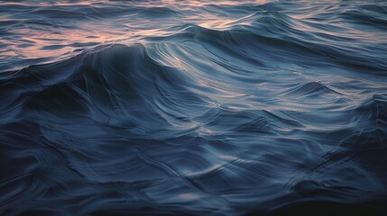 Tranquil ocean waves at twilight. Mesmerizing water patterns with reflective sunset hues. Calming seascape with rhythmic textures and dusk's ambient light. - obrazy, fototapety, plakaty