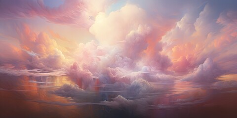 A striking single explosion of pastel-colored clouds stands out against a serene sky, making it a vivid digital artwork