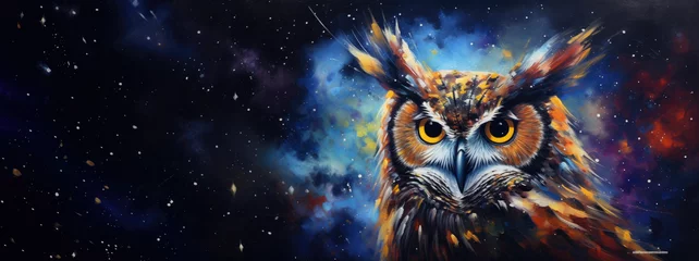 Poster Majestic and wisdom owl on cosmic background with space, stars, nebulae, vibrant colors, flames  digital art in fantasy style, featuring astronomy elements, celestial themes, interstellar ambiance © Shaman4ik