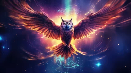 Wandcirkels aluminium Majestic and wisdom owl on cosmic background with space, stars, nebulae, vibrant colors, flames  digital art in fantasy style, featuring astronomy elements, celestial themes, interstellar ambiance © Shaman4ik