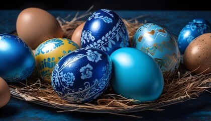Fototapeta na wymiar Multitude of colorful blue painted easter eggs on wicker, macro background