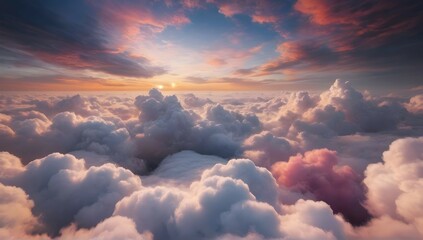 A cinematic view of the sky above the clouds, with a stunning range of colors and textures. The clouds seem to dance and swirl, creating a mesmerizing scene that would make for a perfect wallpaper. - obrazy, fototapety, plakaty