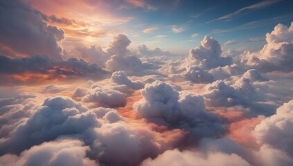 A cinematic view of the sky above the clouds, with a stunning range of colors and textures. The...