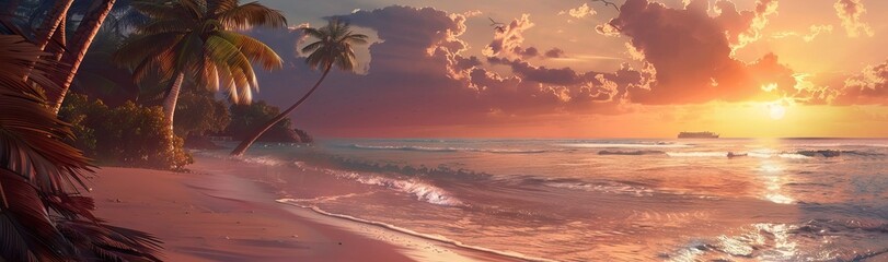 Sunset on the beach. Paradise beach. Tropical paradise, white sand, beach, palm trees and clear water. AI generated illustration - obrazy, fototapety, plakaty