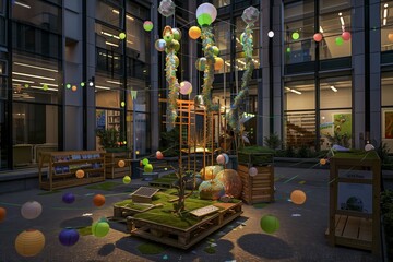 An office building's exterior courtyard, elegantly set up for an Earth Day celebration. The space...