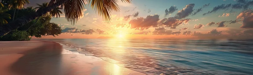 Fototapete Dunkelbraun Sunset with palm trees on beach, landscape of palms on sea island. AI generated illustration