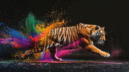 A wild predator tiger, designed for hunting, yet a beautiful majestic creature. Painted with paint splash technique. Isolated black background. Also for T-shirt printing pattern. Generative AI