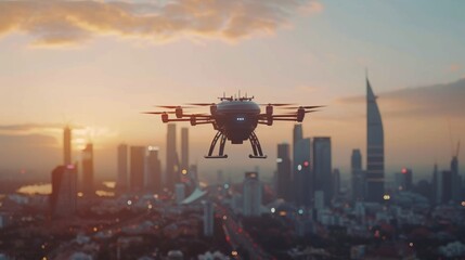 Urban air mobility drones transporting people and goods across city skylines - obrazy, fototapety, plakaty