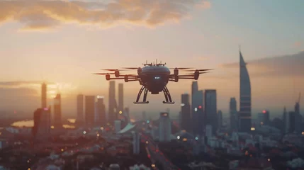 Fotobehang Urban air mobility drones transporting people and goods across city skylines © Premreuthai