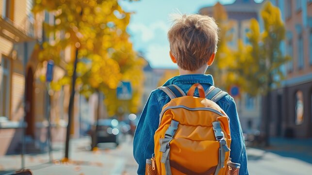 Back view of black child with curly short hair carrying backpack on shoulders going home from school or sport center down pavement on sunny spring day. AI generated illustration