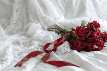 A composition of red roses and white lace, wrapped in a red ribbon and placed on a white bed.