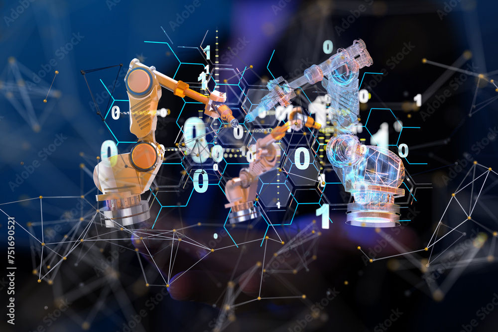 Poster Neural network 3D illustration. Big data and cybersecurity - neural network exposure digital