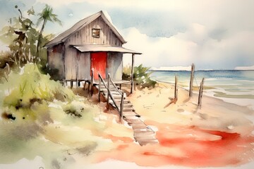 Beach house watercolor sketch.