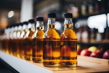 Several bottles of fresh apple juice on a shelf in a store. Commerce and health