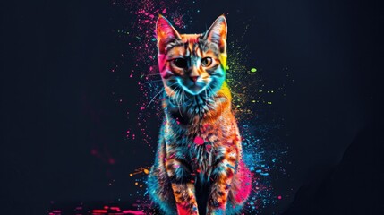 A wild predator cat, designed for hunting, yet a beautiful majestic creature. Painted with paint splash technique. Isolated black background. Also for T-shirt printing pattern. Generative AI