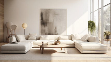 Fototapeta na wymiar A stylish living room with a minimalist decor and a monochromatic color scheme, featuring a white couch and a grey rug