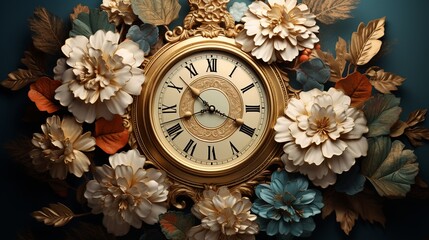 portrait of an antique wall clock with flower and leaf ornaments in distinctive colors framed together, plus a touch of Roman letters, giving a more classic impression