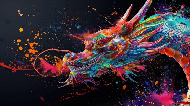 A wild predator dragon, designed for hunting, yet a beautiful majestic creature. Painted with paint splash technique. Isolated black background. Also for T-shirt printing pattern. Generative AI