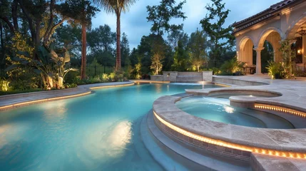Sheer curtains Garden Serene sophistication in a detailed shot of an upscale pool, featuring underwater LED lights and surrounded by meticulously landscaped gardens