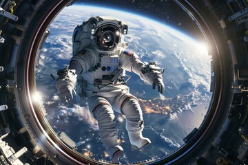 The astronaut has fun or escapes and jumps out of the spaceship's airlock into outer space. The animation is for fantastic, the futuristic or space travel backgrounds. 