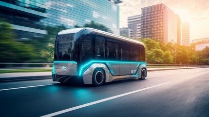 Smart vehicle concept, autonomous electric shuttle bus self driving on street. - obrazy, fototapety, plakaty