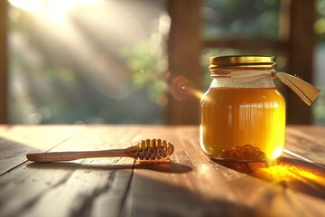 a jar of honey and a spoon on a table - obrazy, fototapety, plakaty