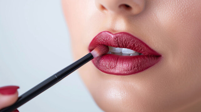A close-up photo of a woman that applying lip makeup with a brush