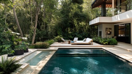 Obraz na płótnie Canvas Serene sophistication unfolds in an image of a contemporary pool, framed by modern design elements and surrounded by lush greenery