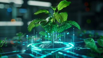 3D rendering of a green plant growing on a circuit board in a dark room