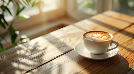cup of coffee on a wooden table by the window in retro style