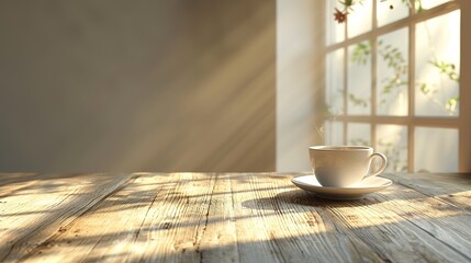 cup of coffee on a wooden table by the window in retro style