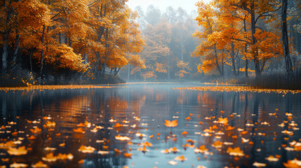 Pond in autumn, yellow leaves, reflection.