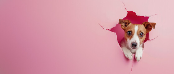 Energetic Jack Russell Terrier peeking through a pink paper tear, denotes playfulness and eagerness