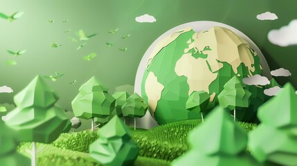 3d render of the green planet with paper origami trees and birds