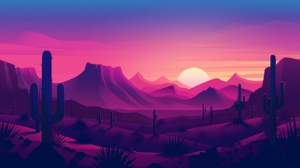 Silhouettes of towering cacti against a vibrant desert sunset.