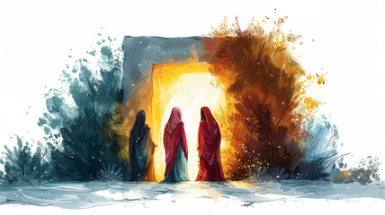 Three women standing before the open entrance of an empty tomb, depicted in a vibrant watercolor style. - obrazy, fototapety, plakaty