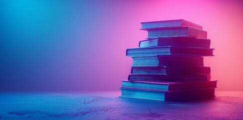 A stack of books in shades of violet and magenta, with electric blue accents, sits on a table. The...