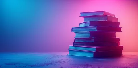 Fototapeten A stack of books in shades of violet and magenta, with electric blue accents, sits on a table. The font on the spines creates a colorful horizon of art © RichWolf