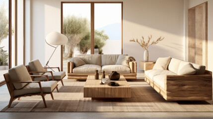 A stylish living room with an eco-friendly loveseat, armchairs and end table made from natural fabrics