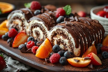 chocolate swiss roll with fruits