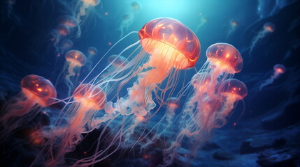 Luminous Jellyfish floating in the mysterious sea. Breathtaking underwater glow scene.