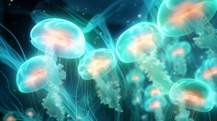 Luminous Jellyfish floating in the mysterious sea. Breathtaking underwater glow scene.