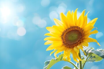 Bright sunflower against a blue sky background - A single vibrant sunflower blooms against the clear blue sky, symbolizing happiness and positivity