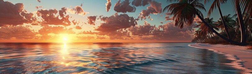 Naklejka na ściany i meble Sunset on the beach. Paradise beach. Tropical paradise, white sand, beach, palm trees and clear water. AI generated illustration
