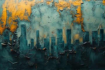 Cityscape on a grungy concrete wall texture with scratched paint